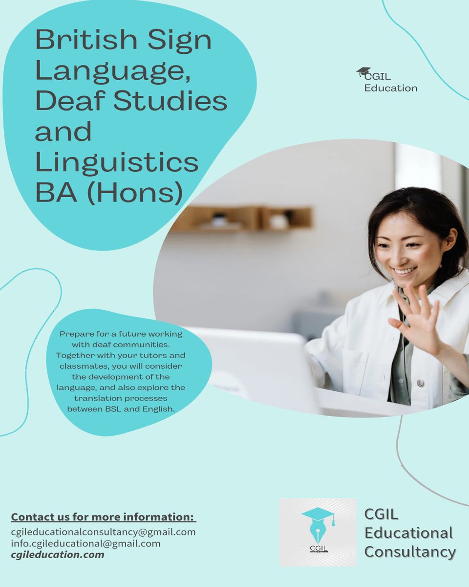 CgilConsultancy's tweet photo. BSL is the preferred language of over 87k people in the UK.
Prepare for a future working with deaf communities by studying British Sign Language (BSL), deaf identities and linguistics.

Learn more: cgileducationalconsultancy@gmail.com, https://t.co/hHK0AK3351

#BSL #cgileducation https://t.co/xIvB4BokMN