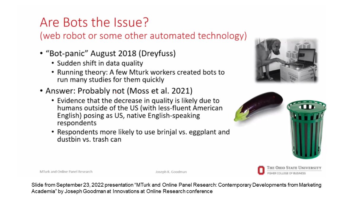 MMandySha's tweet photo. #crowdsourcing recomm by @joekgoodman
1⃣ #disclosure: sampling sample size attention checks
2⃣ pre-screen 👍 than post- (using R likely to pay attention than removing them)
3⃣ #Mturk alone 🙅♀️ enough
online panel #survey #research #data
@RachelXHartman @cloudresearch #IIOR2022 https://t.co/lFedZNn2A4