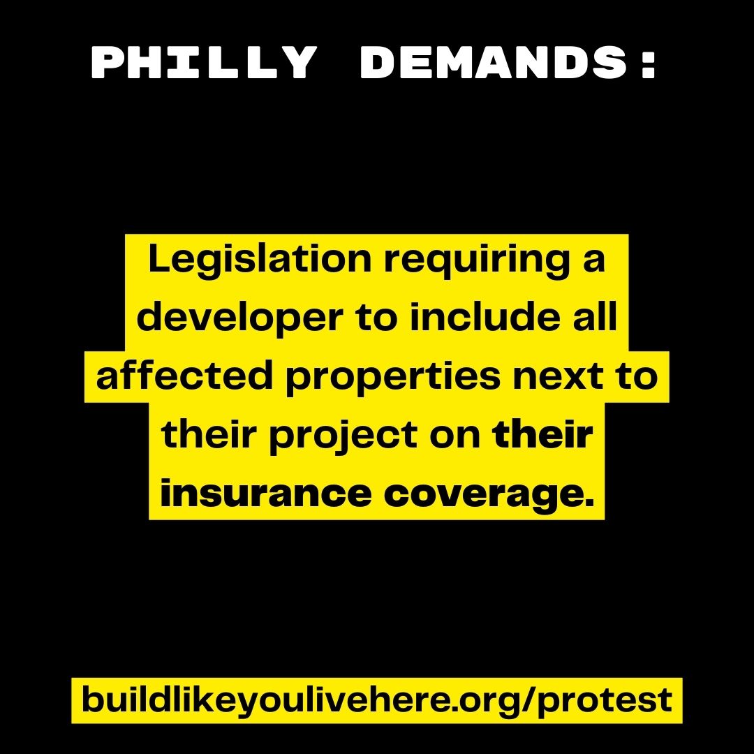 BLYLHphl's tweet photo. Demands 5/5:
Legislation requiring a developer to include all affected properties next to their project on their insurance coverage. Stop leaving residents holding the bill for damages caused by the development next door, unless they can sue for damages and win. https://t.co/AMYCqzTKY3