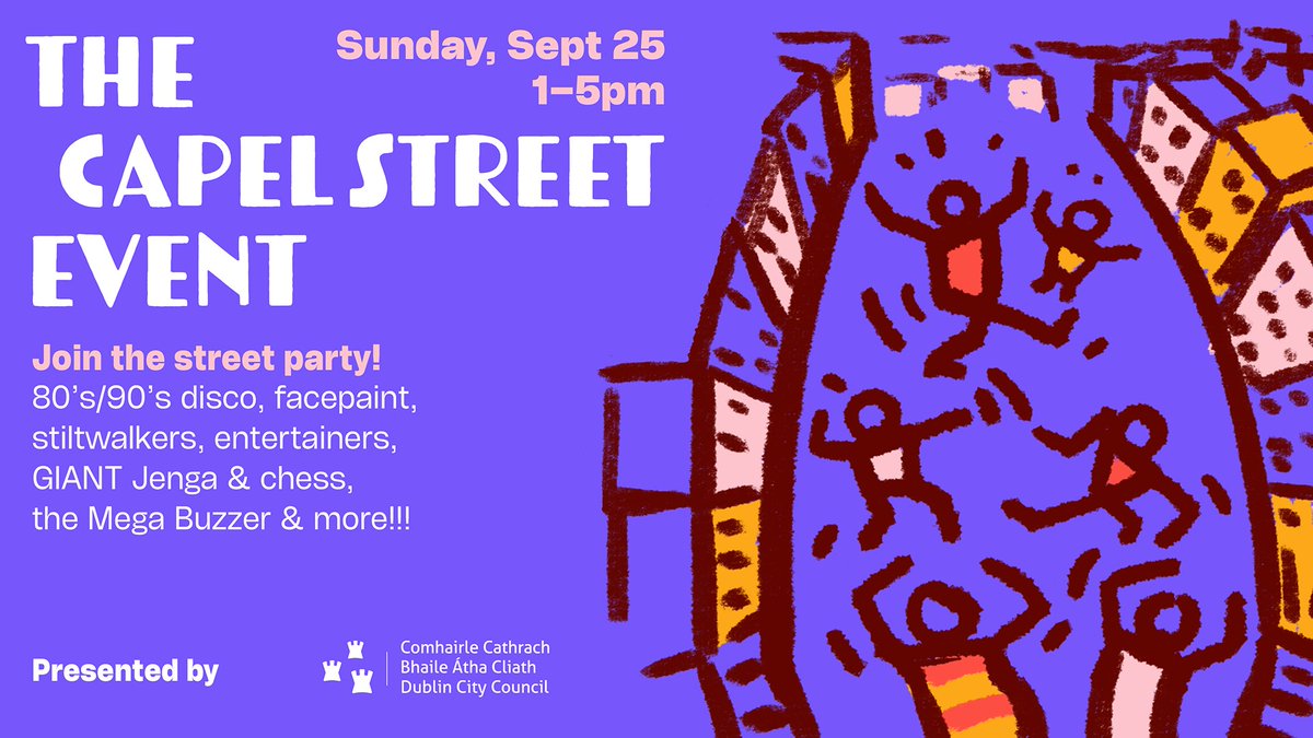 DubCityCouncil's tweet photo. REMINDER: Join us this Sunday September 25th from 1-5pm for our free family event on Capel St. The whole street will be a kaleidoscope of colour with intricate chalk art as children learn to draw and let their imaginations soar! Hope you can join us! #FreeFamilyEvent #CapelSt https://t.co/yNY9KyRl1X