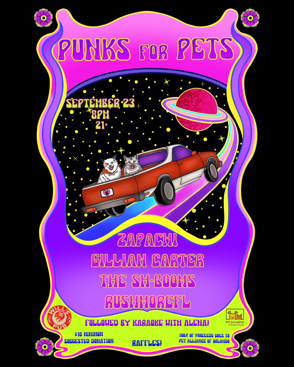 Punks For Pets volume 2 is 8PM TONIGHT at @WillsPub featuring performances by Zapachi, @xGillianCarterx, <a href="/TheShBooms/">The Sh-Booms</a>, and @RushmoreFL 🤘

Karaoke with Alena to follow 🎙 

100% of Proceeds Go to @PetAllianceGO 🐶 🐱 

🎟 MontgomeryDrive.com