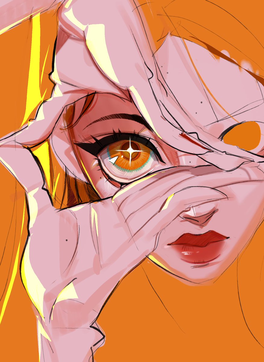 1girl solo looking at viewer mole orange eyes mole under eye orange background  illustration images
