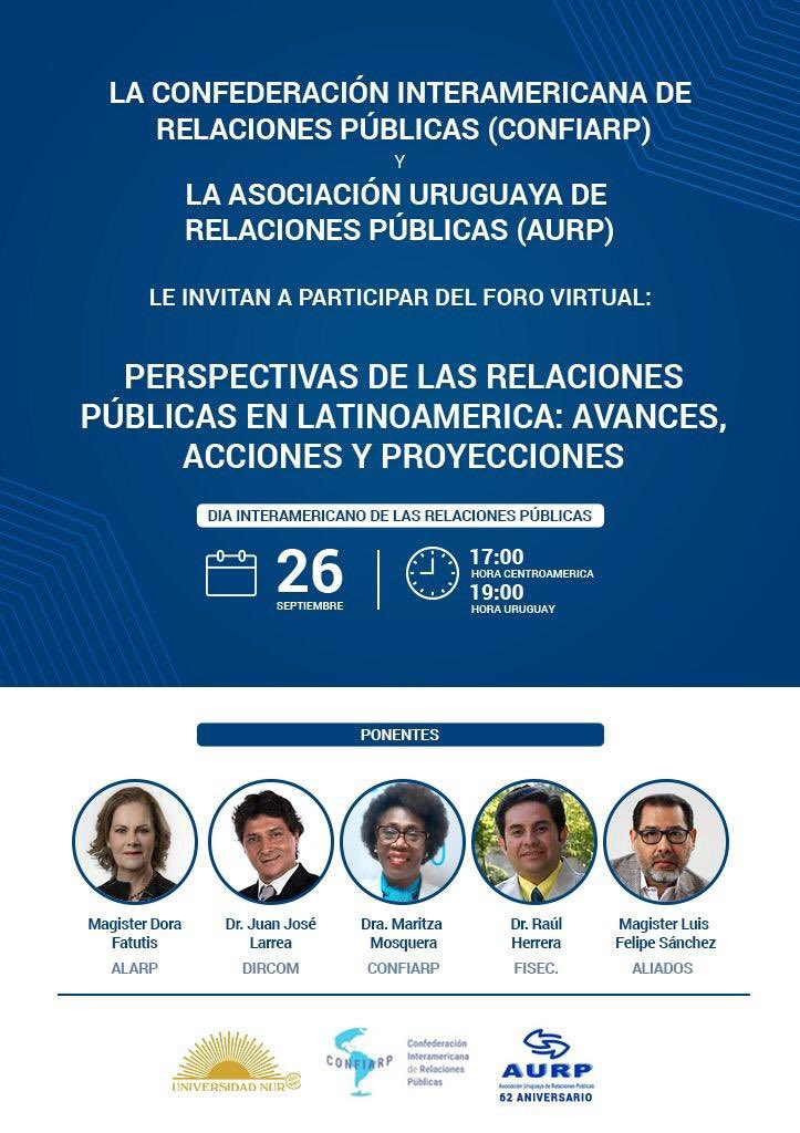 ¿Cómo son las Relaciones Públicas en Latinoamérica? ¿Qué se espera que cambie? ¿Hay nuevos enfoques?
Están invitados. Transmisión en vivo:
FB: @UniversidadNUROficial <a href="/ConfiarpRRPP/">Confiarp_oficial</a>
YT: bit.ly/YTUNUR 
Organizan:
<a href="/Confiarp/">Confiarp</a> @AurpUruguay @UniversidadNURoficial