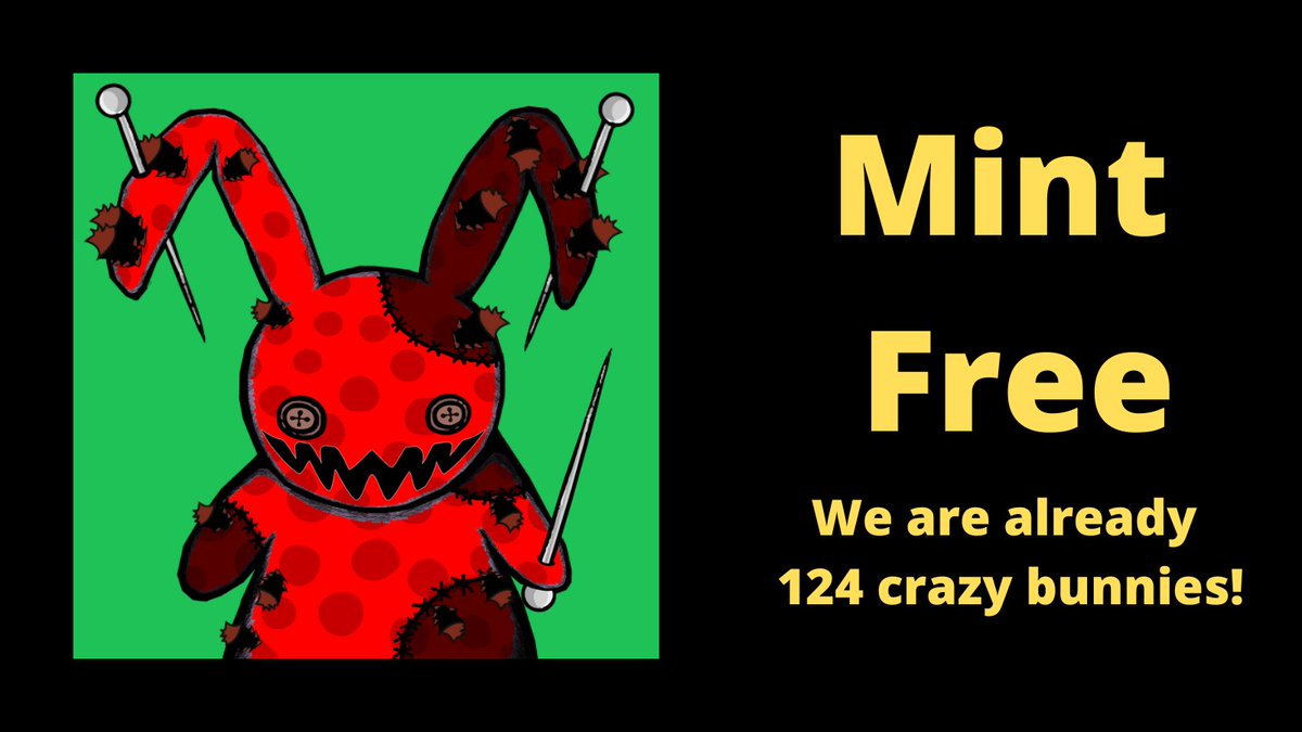 💀🐰🔪WE ARE ALREADY 124💀🐰🔪

Crazy Stuffed Bunnies

💸MINT FREE (first 500 items) IN:
crazystuffedbunnies.online

Opensea
opensea.io/collection/cra…

#nft #nftart #nftartist #nfts #nftcollector #nftcommunity #cryptoart #critoartist #nftphotography #nftanimation #nftvideo #digitalart