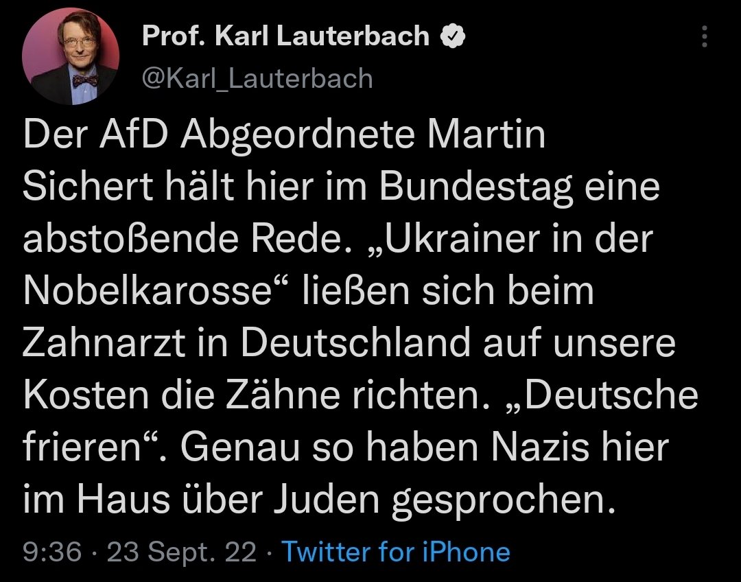 Wie im Falle von Studien, posaunt #KarlLauterbach ausschließlich Blödsinn ohne mit der Wimper zu zucken und ohne Verständnis zur Sachlage. Das Nazi geframe muss endlich aufhören.

#Unhaltbar
#LauterbachRausschmissSofort