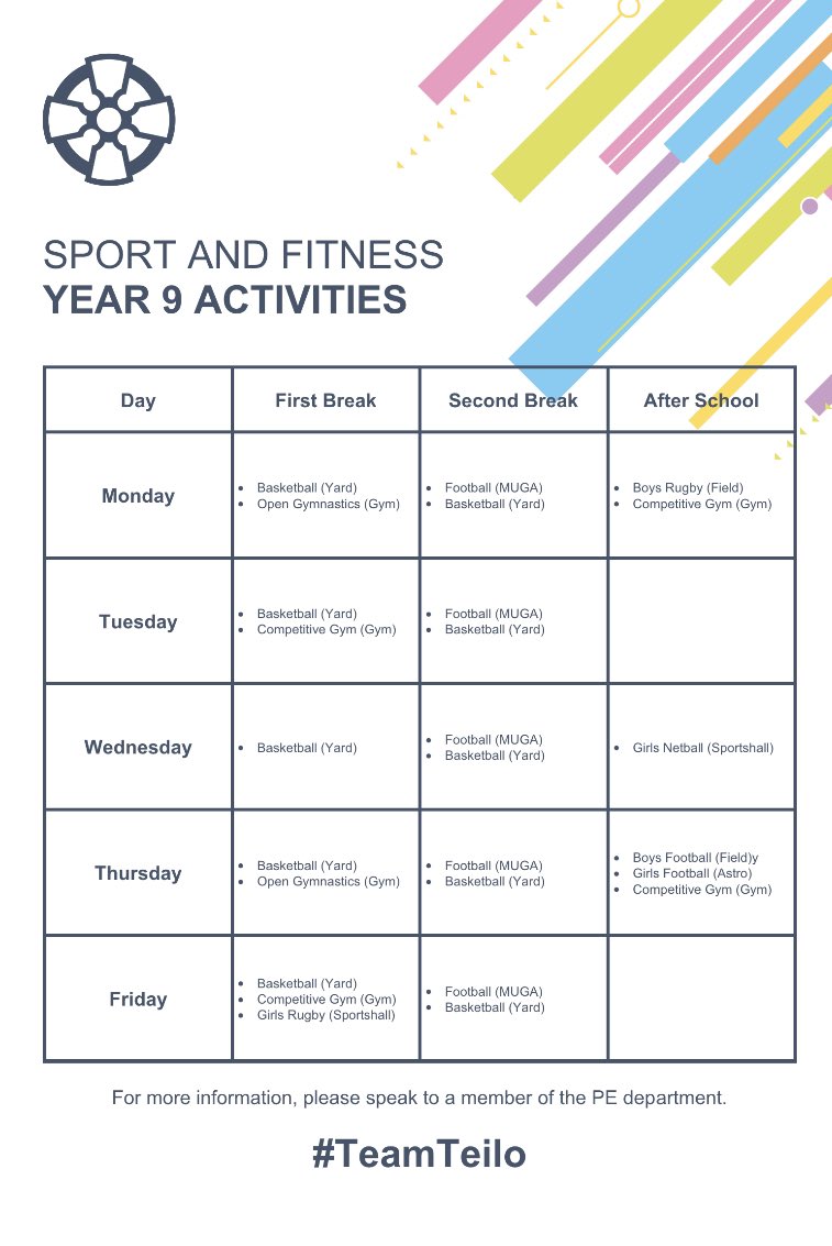 stteilos_PE's tweet photo. 📣❗️EXTRACURRICULAR❗️📣
PE activities for the Autumn term have launched this week for all year groups. Ask a member of the PE team for more information #TeamTeilo #AimHigh #GetInvolved https://t.co/UqQ97YX7Ue