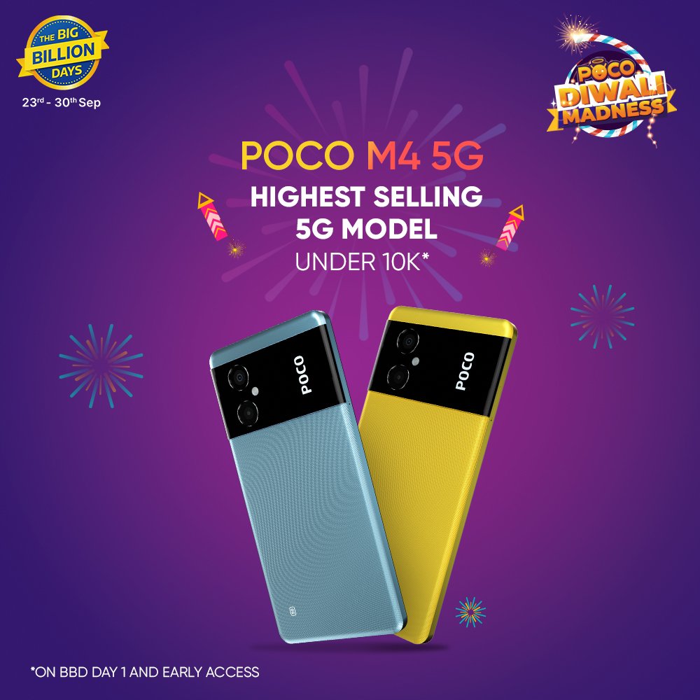 HimanshuT_19's tweet photo. Is there a category which we didn't excel? The #POCOM45G is the highest selling 5G phone under 10K in @Flipkart's #BigBillionDays Sale.
Still looking for the most affordable 5G phone in the market? Get yours here: https://t.co/qgHyoHX2x6
#POCODiwaliMadness https://t.co/kFWg2hMFil
