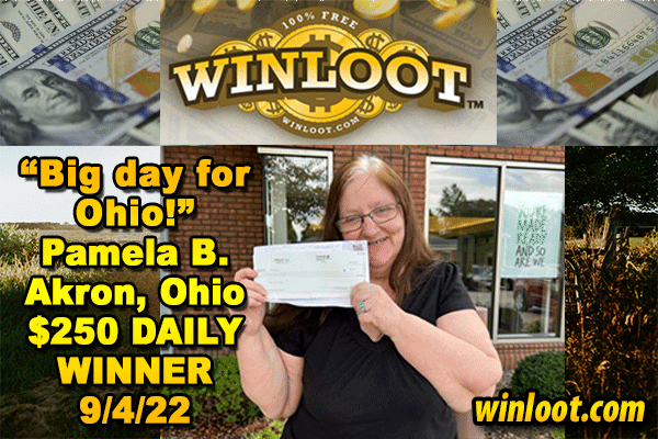 Winloot's tweet photo. "Big Day for Ohio!"
Congrats to Pamela B. from Akron, Ohio
$250 Daily Cash #Winner 9/4/22
and thanks for the nice photo! 😊

Play Winloot 100% FREE daily #games to #win cash &amp; prizes: https://t.co/KyDSgAHBSp https://t.co/nytmozrPKj