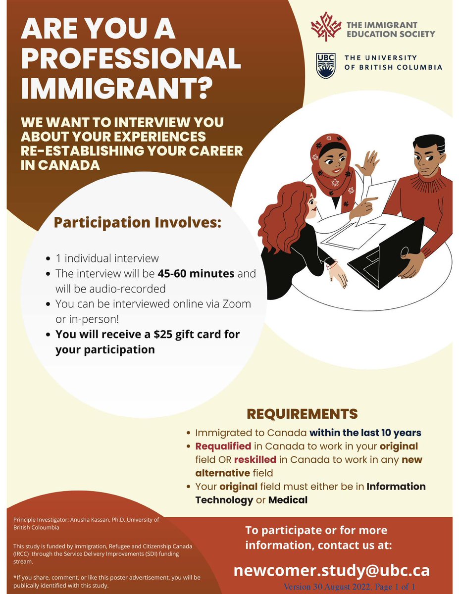 dr_anusha_kassan (@dr_kassan) on Twitter photo Spread the word 🗣 Looking for professionally trained newcomers to share their experiences about their transition to Canada. Grateful for your expertise 🧡 Questions: newcomer.study@ubc.ca
CC: <a href="/TIESyyc/">The Immigrant Education Society (TIES)</a> <a href="/YYCNewcomers/">Centre for Newcomers</a> <a href="/PIAcalgary/">Portail de l'Immigrant Association (PIACALGARY)</a> <a href="/rifalberta/">RIFalberta</a> Spread the word 🗣 Looking for professionally trained newcomers to share their experiences about their transition to Canada. Grateful for your expertise 🧡 Questions: newcomer.study@ubc.ca
CC: <a href="/TIESyyc/">The Immigrant Education Society (TIES)</a> <a href="/YYCNewcomers/">Centre for Newcomers</a> <a href="/PIAcalgary/">Portail de l'Immigrant Association (PIACALGARY)</a> <a href="/rifalberta/">RIFalberta</a>