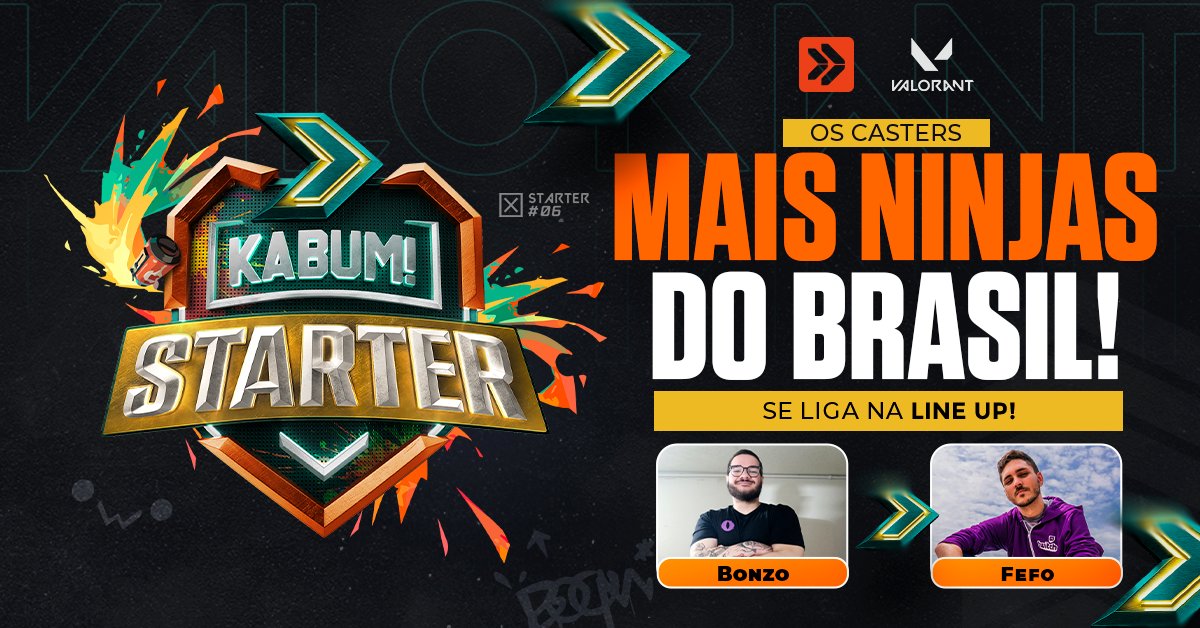 kabum_gg's tweet photo. Pra acompanhar a jornada em busca do maior Radiante de Todos os Tempos, convocamos o Caster mais Ninja do Brasil!

Se liga na line up do KaBuM! Starter 6 🏆

» @bonz0ocaster
» @FefoSampaio

Fique ligado nas redes do KaBuM!GG e saiba mais! https://t.co/OtfRW7HGRQ