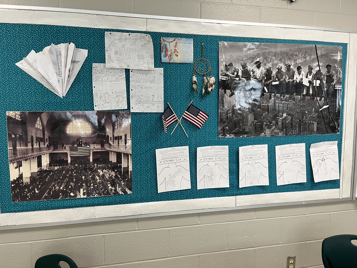 The Gilded Age requires an eclectic board! 

•Paper airplanes made in our factory simulation ✈️
•Cities developed by Ss in our urbanization game 🏙
•Tattoos created for labor unions &amp; strikes 💪🏻

Big ❤️ for student creativity!

#theEASTway #WEareLakota #AmericanHistory