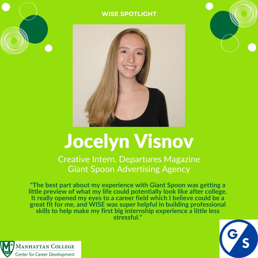 Happy Friday! WISE Fellow Jocelyn Visnov worked as a Creative Intern at Giant Spoon Advertising Agency this summer! Learn more about this year's WISE Fellows today at 4:00 in Kelly at the WISE Poster Presentation event! #JasperCareers #MCWISE