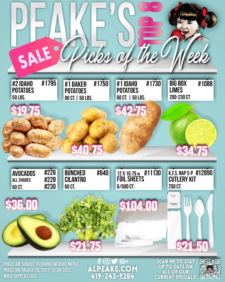 Don't be a sack of POTATOES... grab these prices while we got em!!😝🥔
These are the Peake's Picks valid 9.26 - 9.30
The First Name in Family Food Service!
alpeake.com | 419.243.9284