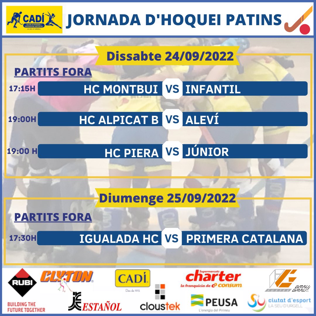 chpacadi_hoquei's tweet photo. 🏑Iniciem temporada! 🟡🔵
Sort a tots els equips que inicien la lliga. Som-hi cadi!
@RubiTools_Es @CLYTONHOCKEY @GestoriaEstanol @PEUSAenergia
@RadioSeu @AmicsPirineu @esportslaseu
#JuntsFemCadi
#ciutatdesport #laseu #pirineu #hoqueipatins #hoquei #seguim #somhiCadi
#FemOKNet https://t.co/hZm7Wki63F