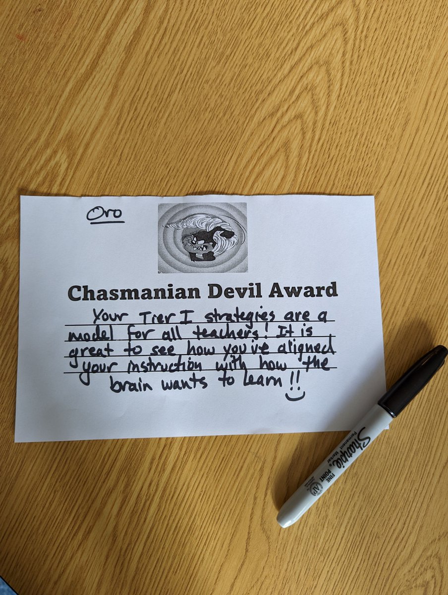 My first Chasmanian Devil Awards sent today!👍These are random written appreciations to teachers for their skill/hard work! And the staff wanted me to call it that name...it's as if they think I'm a high-energy Principal or something?!😆<a href="/SarfdeK/">Kimberly Sarfde</a> <a href="/mariojandrade/">Mario J. Andrade</a> <a href="/LedgeSchool/">Ledge Street School</a>