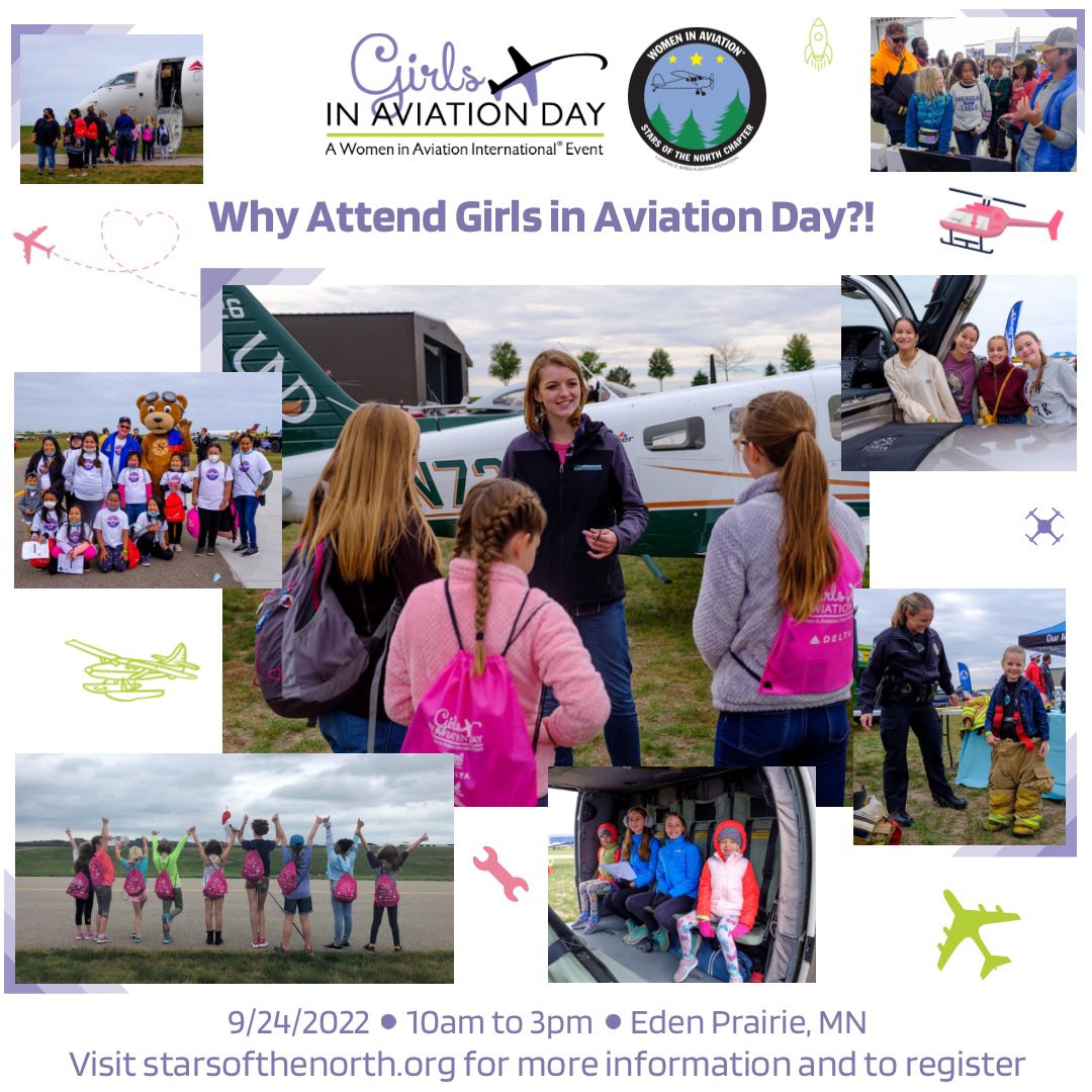 WAIMNChapter's tweet photo. TOMORROW!
Join us at Flying Cloud Airport in Eden Prairie, MN for #giad22
This free event focuses on introducing aviation and STEM careers to future aviators - come see planes, meet pilots, and more!
10am to 3pm; bring the family to Girls in Aviation Day!

https://t.co/RYuiaWTBZ1 https://t.co/JtulmWjJw4