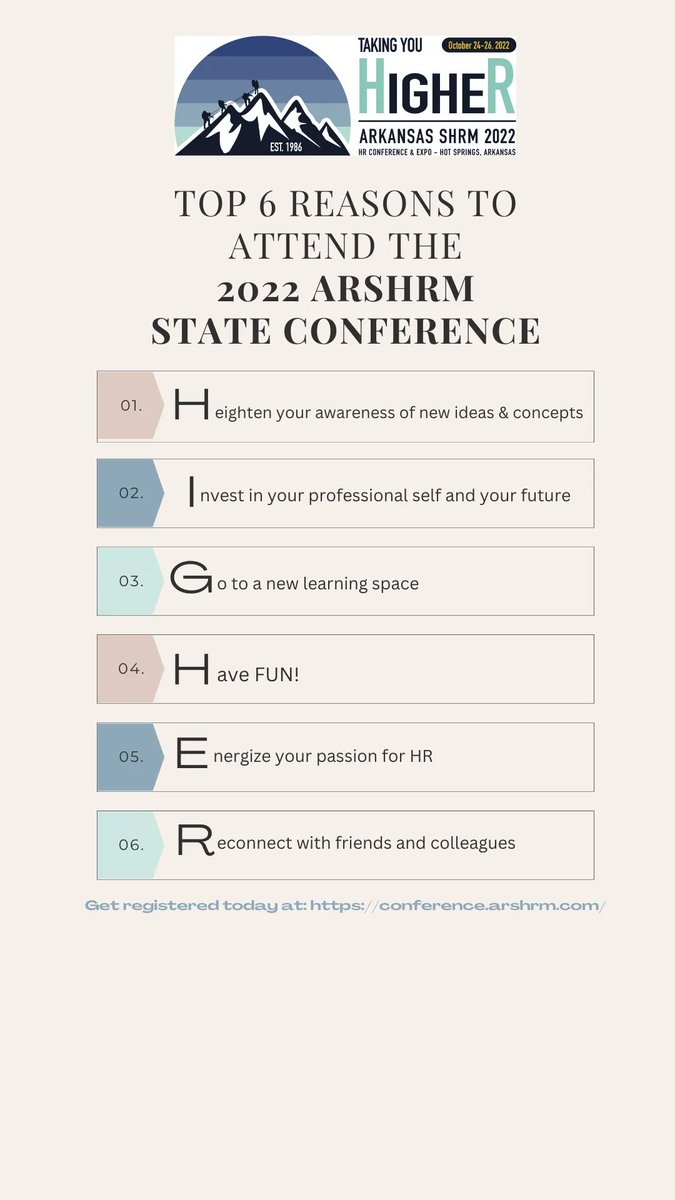 Six solid reasons to join us at the 2022 ARSHRM State Conference where we're taking you HIGHER!  Get registered today before prices increase: conference.arshrm.com/register-for-h…