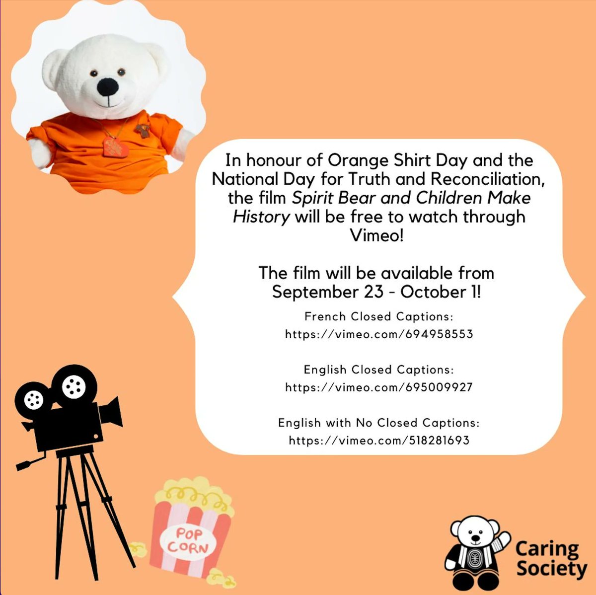 CaringSociety's tweet photo. We are beary excited to make Spirit Bear and Children Make History available to watch for free in honour of Orange Shirt Day from Sept. 23 - Oct. 1! 

Here are the links:
French CC: https://t.co/3jlJqBTcLd
English CC: https://t.co/Lw5xs3RBxU
English no CC: https://t.co/nsFZGnXUEF https://t.co/iuI98aEdUC