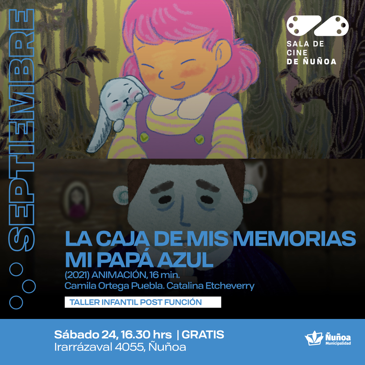 culturanunoa's tweet photo. ✨MAÑANA✨
Les esperamos en la Sala de Cine de #Ñuñoa con la proyección de los cortos infantiles Mi papá azul y La caja de mis memorias, estrenados en 2021 durante @ficvaldivia 🎞️
Además, volvemos a proyectar a las 19:30 hrs. la galardonada Parasite (2019)🏆
#VolverAMirarnos🌹 https://t.co/AZjFZDOrMC