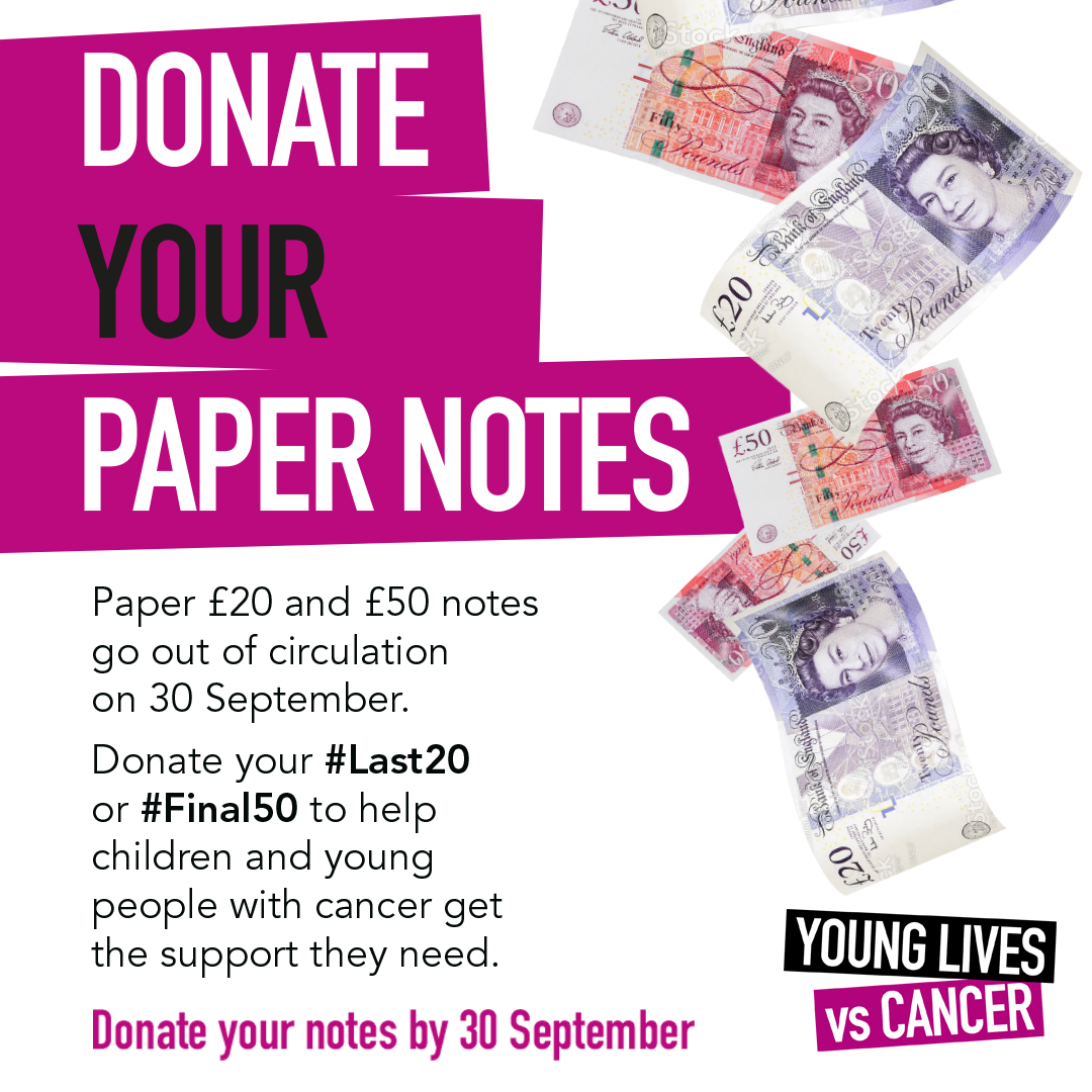 YLvsCancer's tweet photo. Only one week to go! Do something amazing and donate your last £20 or £50 paper notes to children and young people facing cancer before time runs out. 

Donate at our shops, your local Wetherspoons or one of our collections: https://t.co/5oEiFuA0Oh

#Last20 #Final50 https://t.co/a4Hz20tYvf