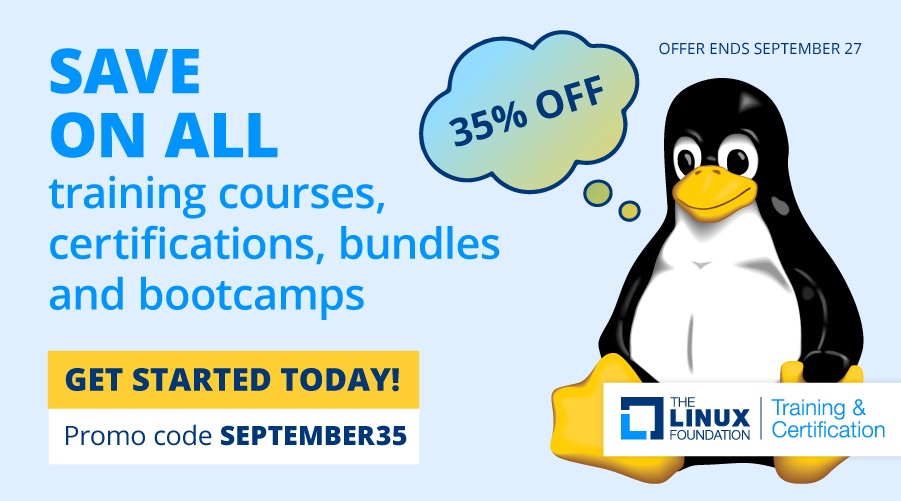 Linux_Education's tweet photo. Save 35% on training including #Kubernetes, #Helm, #Prometheus and more thru Sept 27! As well as certifications like #CKA and #CKS to prove your skills to employers. Learn more: https://t.co/lSizFbC3f5
#LearnLinux #ITtraining #ITcertification #LFCert https://t.co/8iGragpq7N