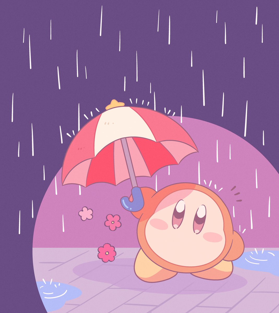 kirby umbrella puddle rain no humans flower blush stickers purple background  illustration images