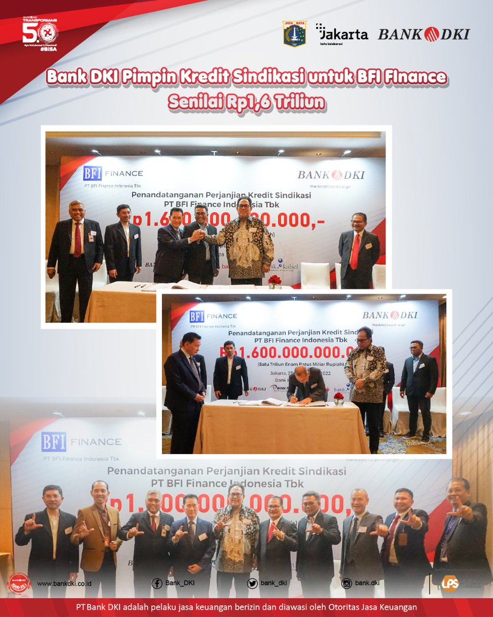 bankjakarta_'s tweet photo. Dengan semangat bersama untuk memperluas akses penyaluran kredit melalui sinergi dan kolaborasi, PT Bank DKI dan PT BFI Finance Indonesia Tbk melakukan penandatanganan perjanjian kredit sindikasi senilai Rp1,6 triliun yang dilaksanakan di Jakarta (23/09). 

#BankDKI
#BFIFinance https://t.co/mwnek0Amcj