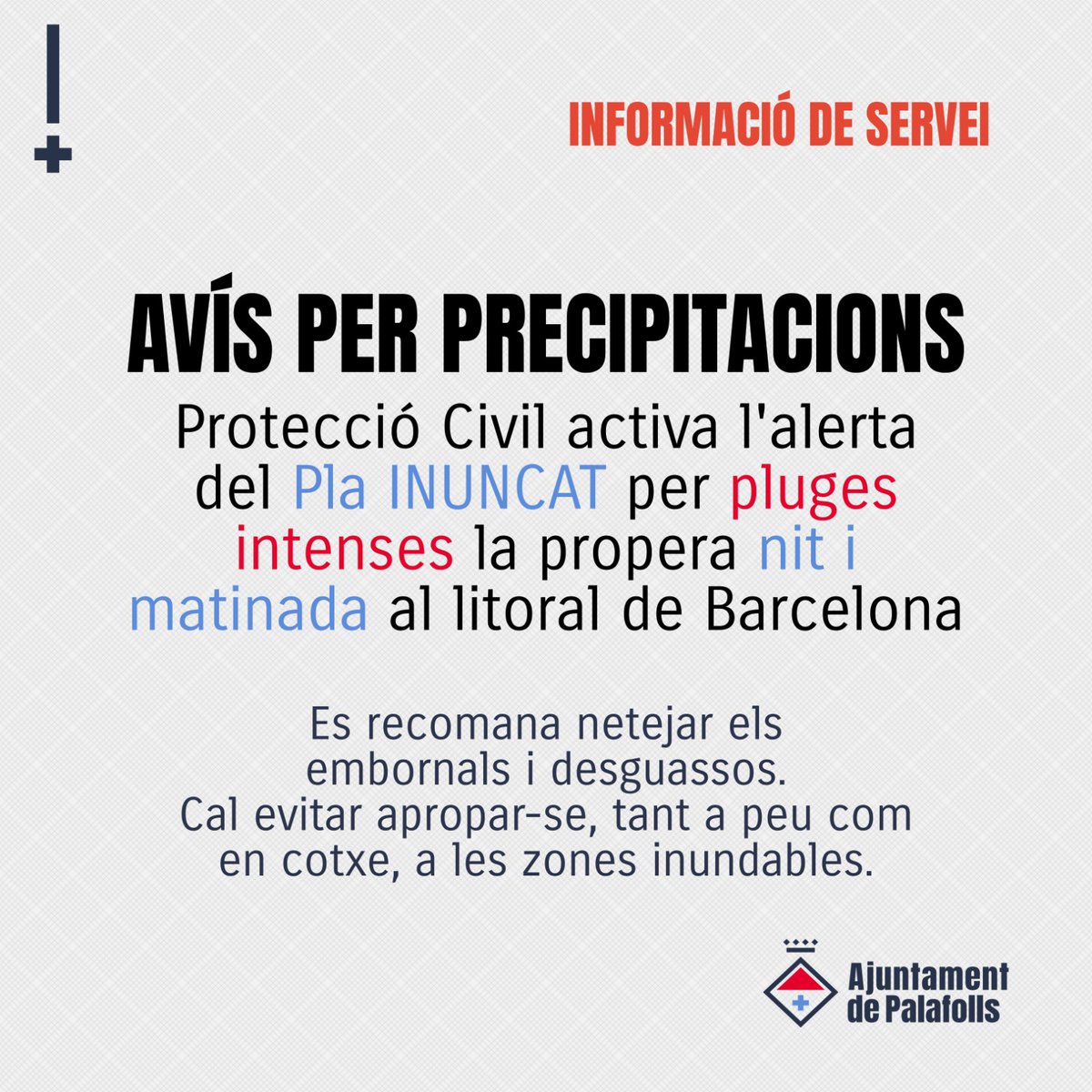 AjuntamentPLF's tweet photo. ⛈️ El @meteocat preveu un episodi de #plugesintenses per aquesta nit i matinada a les comarques del litoral i prelitoral de Barcelona
🏡 Segons aquestes previsions, es pot produir algun fenomen local d'intensitat molt forta que pugui provocar incidències en zones urbanes https://t.co/Rjab2s7EKy