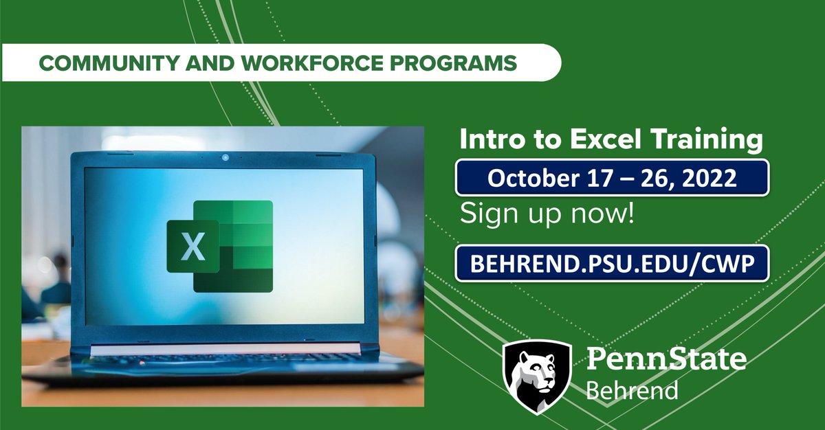 BehrendCWP's tweet photo. Struggling with EXCEL? Behrend has FREE Excel Training starts October 17, 2022. 
YES, FREE, NO-COST TRAININGS

Start with the beginner class or jump into intermediate Excel. Ready for advanced?
Register:
https://t.co/i0Z6XOvaEz
Contact Ryan Parker at rjp249@psu.edu for more info https://t.co/Xp0OAVdhk6