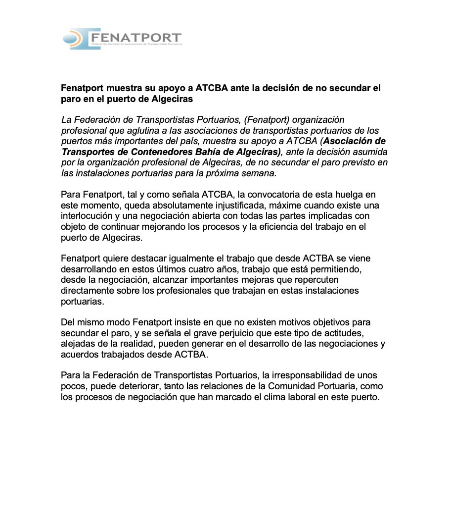 👉<a href="/fenatport/">Fenatport</a>  muestra su apoyo a #ATCBA ante la decisión de no secundar el #paro en el <a href="/PuertoAlgeciras/">Puerto de Algeciras</a>. <a href="/EFEeconomia/">EFE Economía</a> <a href="/europapress/">Europa Press</a> <a href="/EstrechoDigital/">El Estrecho Digital</a> <a href="/cadesum/">Cadena de Suministro</a> <a href="/rutatransporte/">Ruta del Transporte</a> <a href="/autonomosenruta/">Autónomos En Ruta</a> <a href="/diarioAyE/">Autónomos y Emprendedor.es</a> <a href="/Diariodetransp2/">@Diariodetransporte</a> <a href="/diariodelpuerto/">Diario del Puerto</a> <a href="/puertos_y/">PUERTOS Y MÁS</a> <a href="/diarioelcanal/">El Canal Marítimo y Logístico</a> <a href="/ElMercantilcom/">El Mercantil</a>