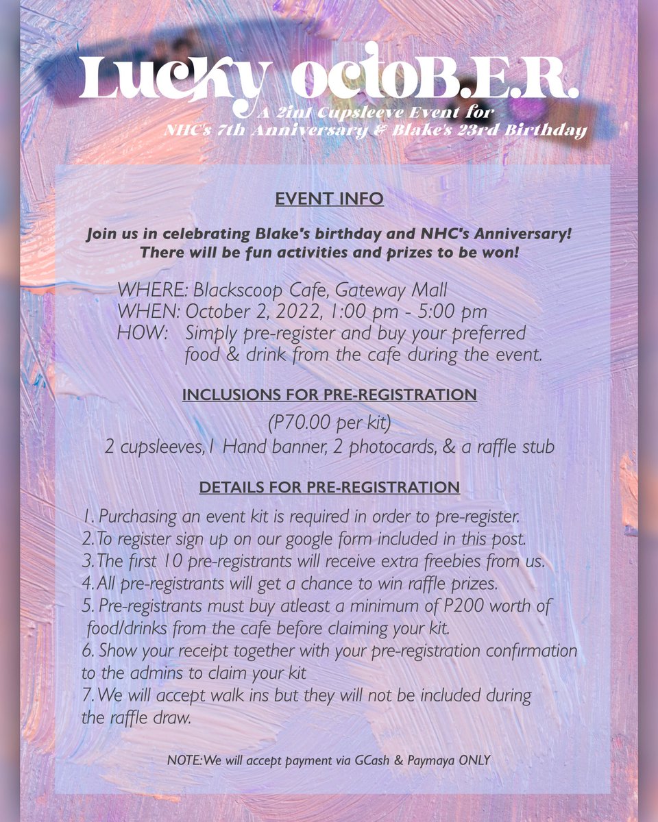 Official_NHCPH's tweet photo. ‼️VERY LIMITED SLOTS LEFT‼️

Celebrate Blake's 23rd Birthday and NHC's 7th Anniversary with us this October 2, 2022 @ Gateway Mall, Cubao!💜🪐  #LuckyOctoBER #CupsleeveEvent 

PRE-REGISTER HERE: https://t.co/PBJHyOiIO9 https://t.co/2XblFCzqGe