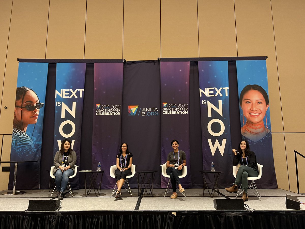 Attending “The Maintainer’s Guide To Open Source” at #ghc22 with moderator @antheajung and maintainers @FarahJuma, Kavitha Srinivasan and @luumelo14 🎉