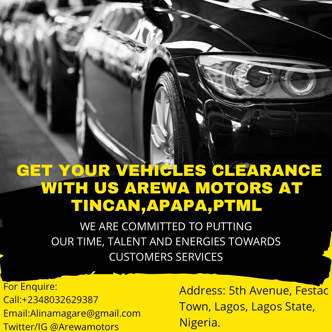 ArewaAuto's tweet image. DAN ALLAH RETWEET 🙏🏾

GET YOUR VEHICLES CLEARANCE (CUSTOM DUTY)
WITH US AREWA AUTO MOTORS AT
TINCAN,APAPA, &amp;amp; PTML…

WE ARE COMMITTED TO PUTTING
OUR TIME, TALENT AND ENERGIES TOWARDS
CUSTOMERS SERVICES.

FOR ENQUIRE:
Call 📞 +2348032629387
Email 📧 Alinamagare@gmail.com