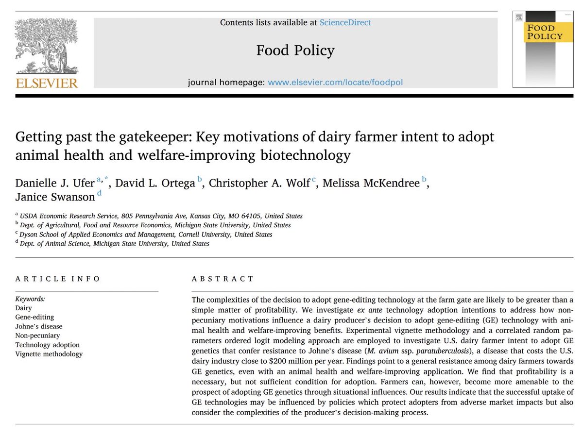 dlortega's tweet photo. 🚨My latest paper with D. Ufer, @WolfCA3, @ItsMelMac, and J. Swanson was published in @_Food_Policy!

We assess dairy 🐄 farmer’s intent to adopt gene-editing #biotechnology 🧬 with ani­mal health and welfare benefits. 

🔗 https://t.co/Pm3dIqjPuQ

1/3 https://t.co/ObujQ0FyNA