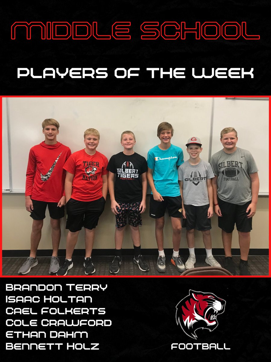 Gilbert__FB's tweet image. 🔥🏈MIDDLE SCHOOL PLAYERS OF THE WEEK!!🔥🏈

Brandon, Isaac, Cael, Cole, Ethan, and Bennett were our special guests last night at Team Meal as the MS Players of the Week!!

They will join us on the sidelines during pre-game warm-ups tonight!

Congratulations! 💪💪