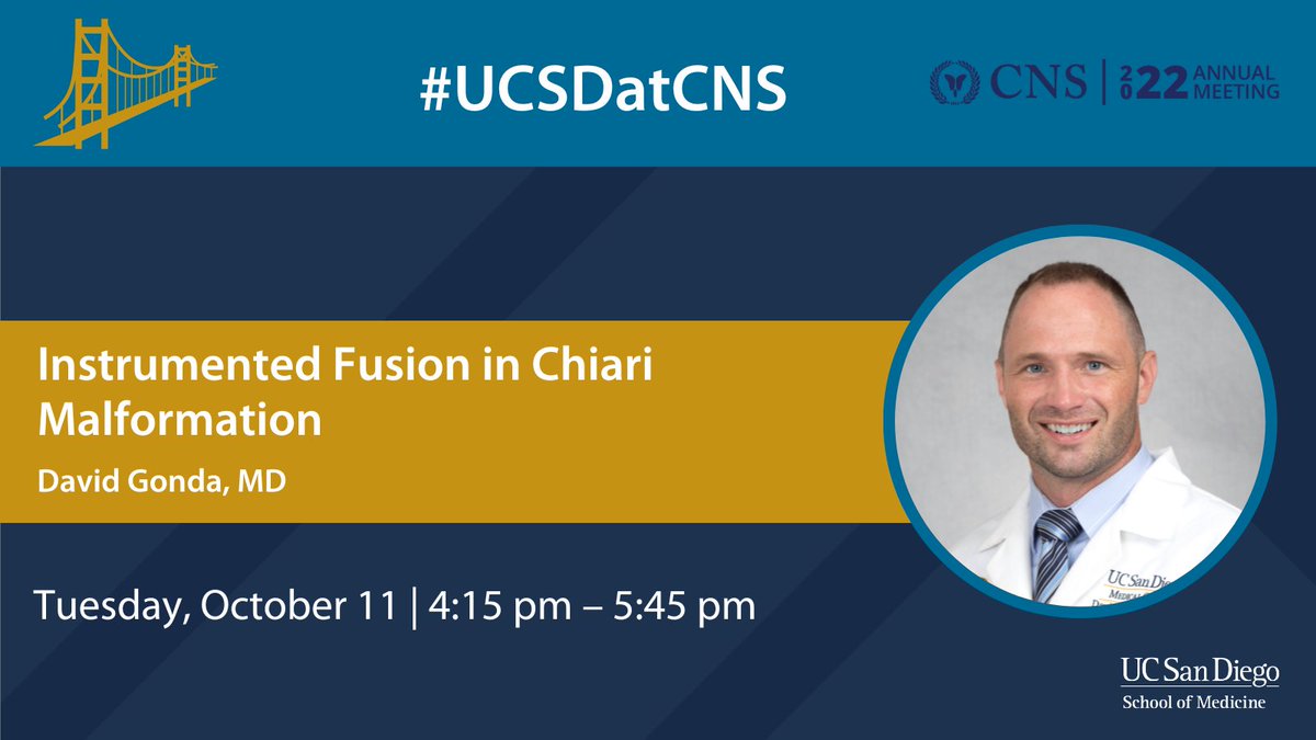 UCSDNeuroSurg's tweet photo. The surgical treatment of #Chiari malformations often requires nuanced decision-making. Join Dr. David Gonda (@DavidGondaMD) at this #2022CNS symposium for a case-based discussion on the use of instrumented fusion to treat the condition. #UCSDatCNS https://t.co/z3Fau1c19U