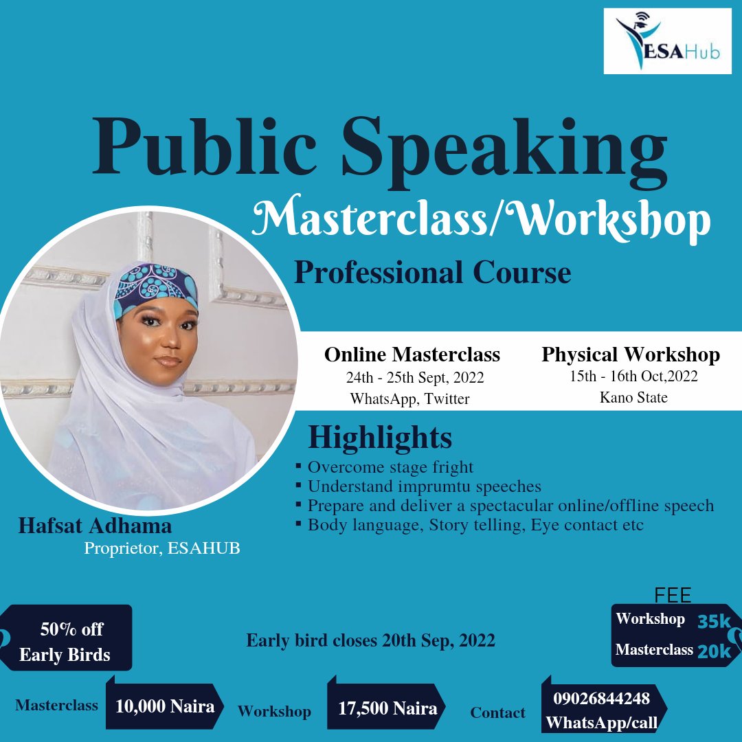 miss_adhama's tweet photo. Our #publicspeakingmasterclass will start tomorrow! Click the link below to join us! There's going to be a special discount for the first person to register today.
https://t.co/3KaoeG0fXk
#publicspeakingonline
#publicspeakingtrainingKano https://t.co/KO5u2eTqVy