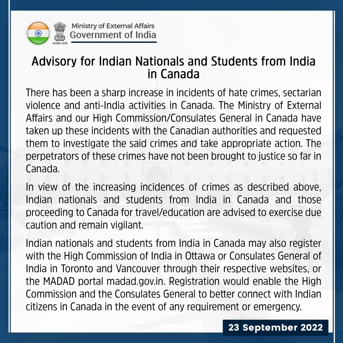 BaazNewsOrg's tweet image. The MEA has issued an advisory for Indian Nationals &amp;amp; Students in Canada due to worries around political free speech and a graffiti incident at a Mandir that's still under investigation.

The statement did not provide any examples of "sectarian violence" or "hate crimes" charges.