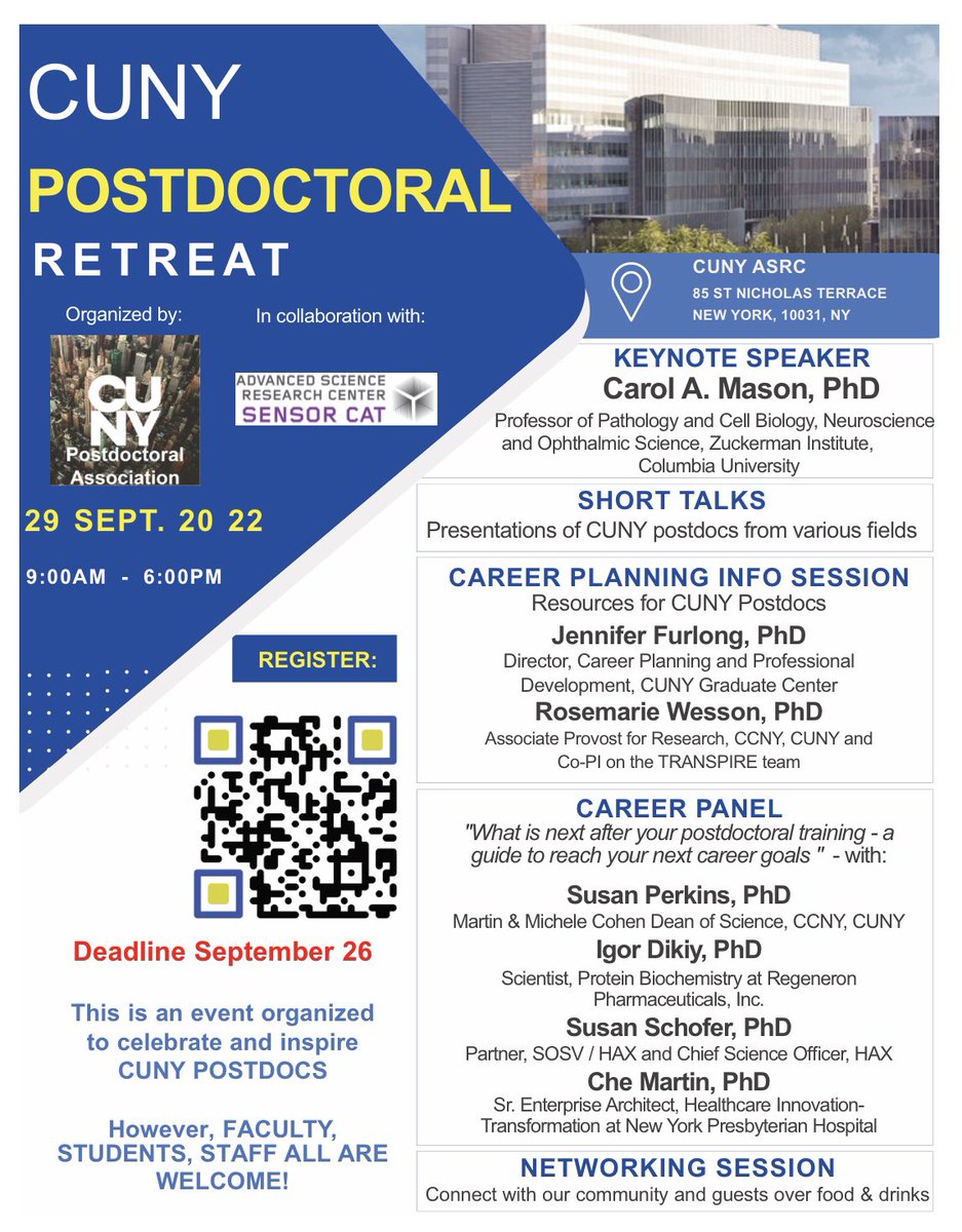 CUNYSciCom's tweet image. you don’t have to be a postdoc to attend the CUNY Postdoctoral Retreat this Thursday!!
CUNY students and faculty register by monday to show support for our postdocs - link and full presentation schedule below