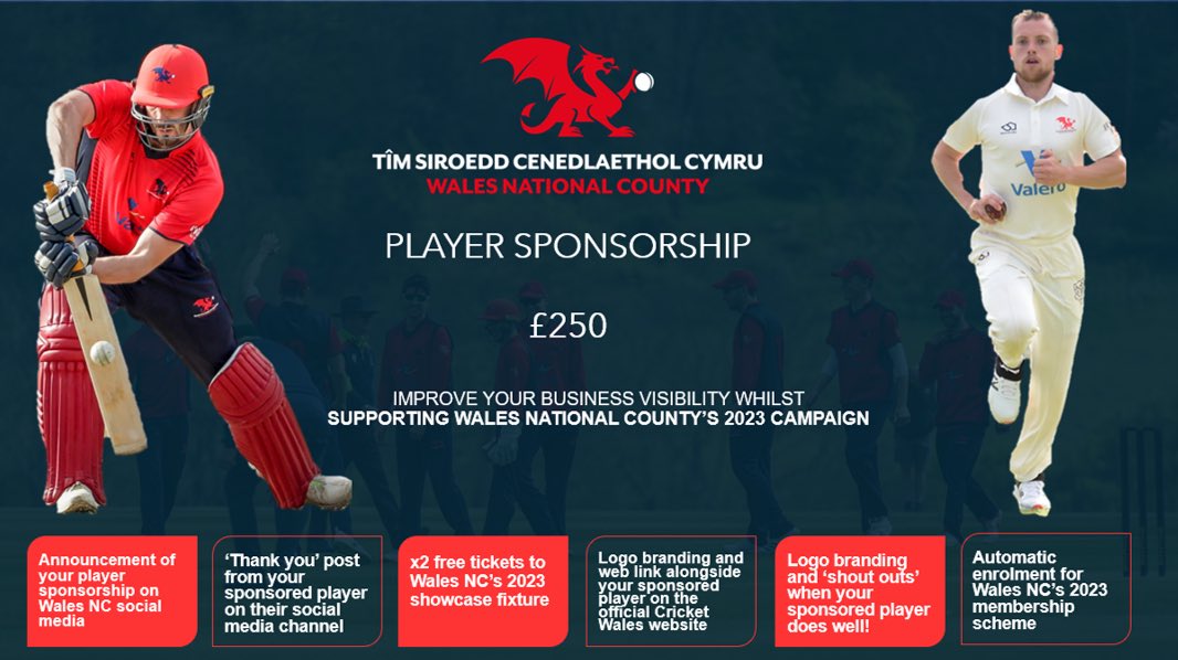 𝐏𝐋𝐀𝐘𝐄𝐑 𝐒𝐏𝐎𝐍𝐒𝐎𝐑𝐒𝐇𝐈𝐏!

We’re delighted to launch our new player sponsorship scheme for the 2023 season!

Want to give your backing to your favourite/local player? 

🧵 Take a look at some examples in the thread below…

📩 Drop us a message to enquire!

🏏🐉🏴󠁧󠁢󠁷󠁬󠁳󠁿🔴🔵