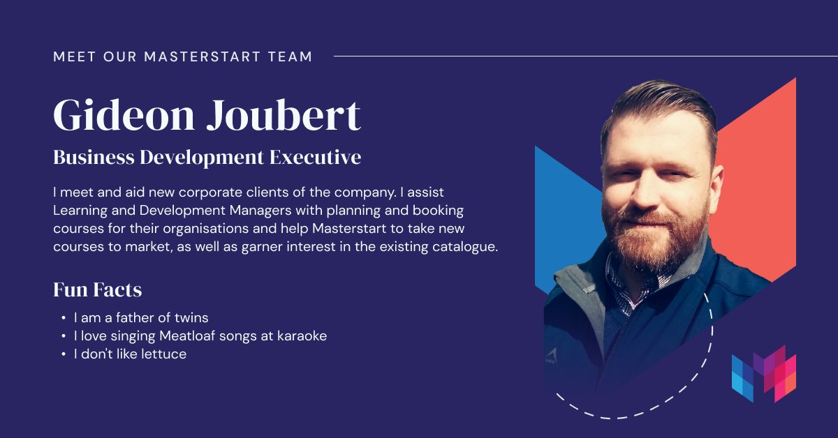MasterStartEdu's tweet photo. Meet Gideon Joubert, a sincere and gregarious member of the team. His favourite project that he has worked on in his time at MasterStart has been arranging for a group of 22 ladies to attend our Developing Women Leaders course during Women's month! #meetourteam #masterstart https://t.co/vfA2RRqg7n