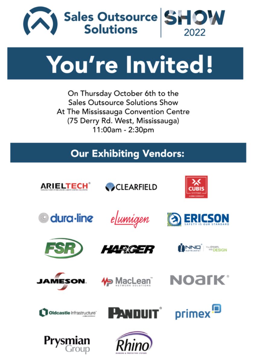 SalesOutsourceS's tweet photo. Just under two weeks until our show at the Mississauga Convention Centre We would love to see you and your team there! All of our world-class vendors will be in attendance. Details and registry here: https://t.co/ph2yr02JTe https://t.co/mqFcmv3V0t