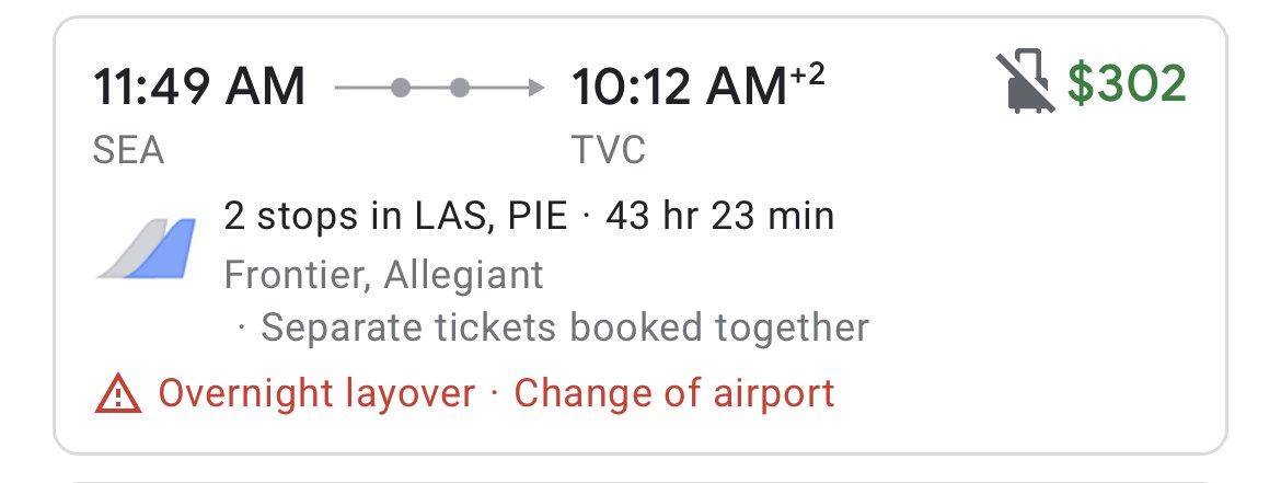 henrybusch's tweet photo. Ah yes, my preferred flying experience.

For a ~one way~ flight: two different airlines, overnight layover, two stops, and 43 hours of travel time 🫠 and for $302 

@Google weird flex that you were able to make this flight an option, but like who is booking/asking for this https://t.co/7ye4LszBaE
