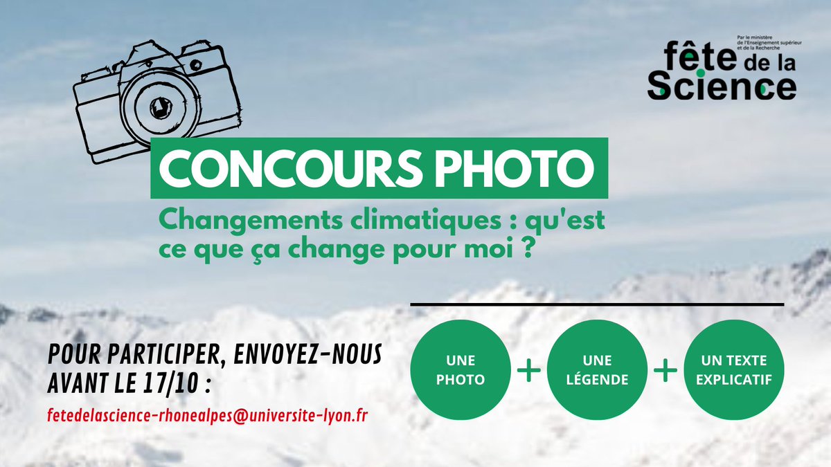 📸 [CONCOURS PHOTO #FDSAURA]

Changements climatiques : qu'est-ce que ça change pour moi ? 
👉 Illustrez votre réponse avant le 17 octobre avec photo + légende + petit texte explicatif !
🎁 À gagner : 1 nuit au refuge de Montenvers (Chamonix)

➡️ Infos : fetedelascience-aura.com/concours-2022/