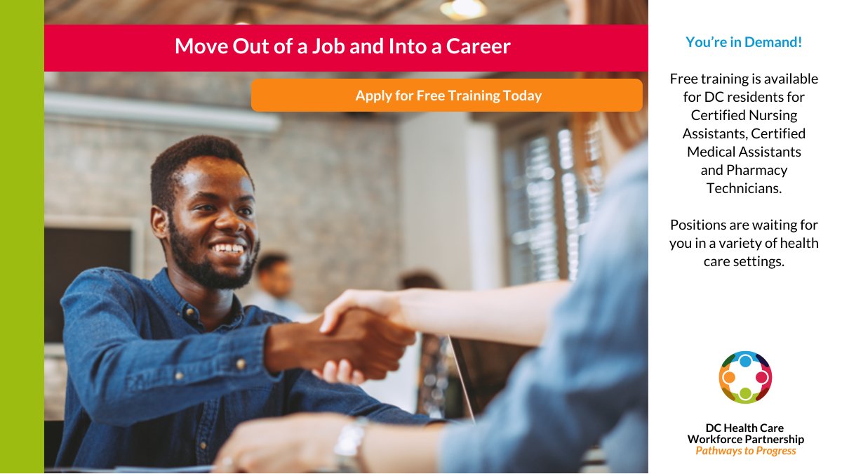 Move out of a job and into a career in health with free training. You're in demand. Positions are waiting for you. #dchealthcareers. Register today at dchealthcareers.org/start-your-car….