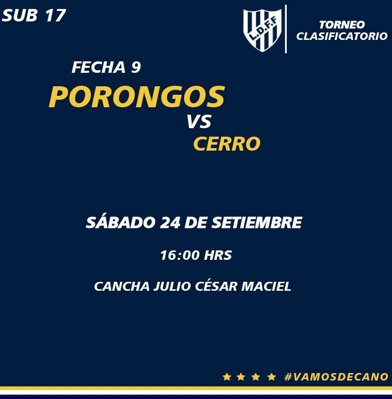 crPORONGOSfc's tweet photo. ⏩ Sub 17 

🏆Campeonato Departamental
🆚Cerro.
🗓 Sábado 24 de Setiembre.
🕓 16:00 hrs.
🏟 Cancha Julio César Maciel.
🔛 Fecha 9 - Torneo Clasificatorio https://t.co/CY9fpmqieS