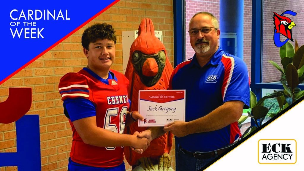 Jack Gregory has been named this week's Eck Agency CHS Activities Student of the Week! Jack put in the work with 100% attendance this summer and it's paying off for the Cardinal football team with his play on the offensive and defensive lines. Congratulations Jack! #GoCardinals