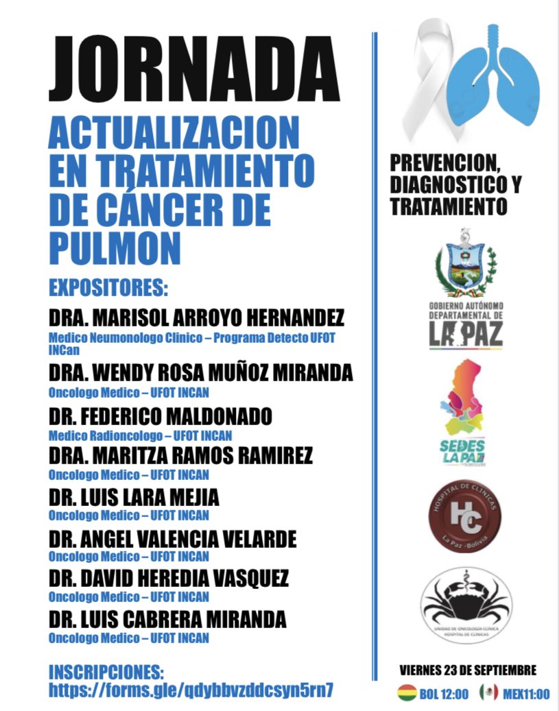 Hoy empiezan las Jornadas de Actualización en Tratamiento de Cáncer de Pulmón para Bolivia 🤩🫁! Iniciamos con la Dra. Marisol Arroyo @MarisolNeumo 👩🏻‍⚕️ con Detección Oportuna en Cáncer de Pulmón. Tú también puedes inscribirte 👉🏼 forms.gle/QDybBvzDdcsYN5…