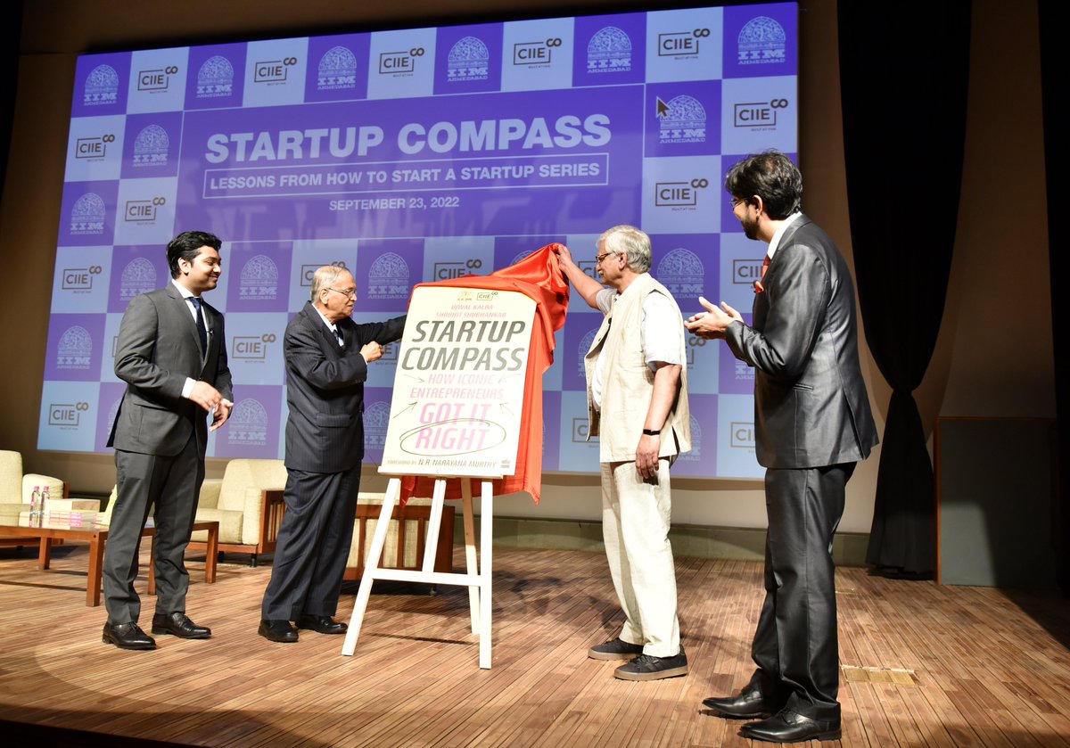 IIMAhmedabad's tweet photo. Mr Narayana Murthy, Founder of @Infosys and Former Chairperson of IIMA, sat down for a chat with Mr @ujwal_kalra and Mr @shobhitshubhnkr, alum and co-author of ‘Startup Compass: How Iconic Entrepreneurs Got It Right’. https://t.co/qjt6k42bYa