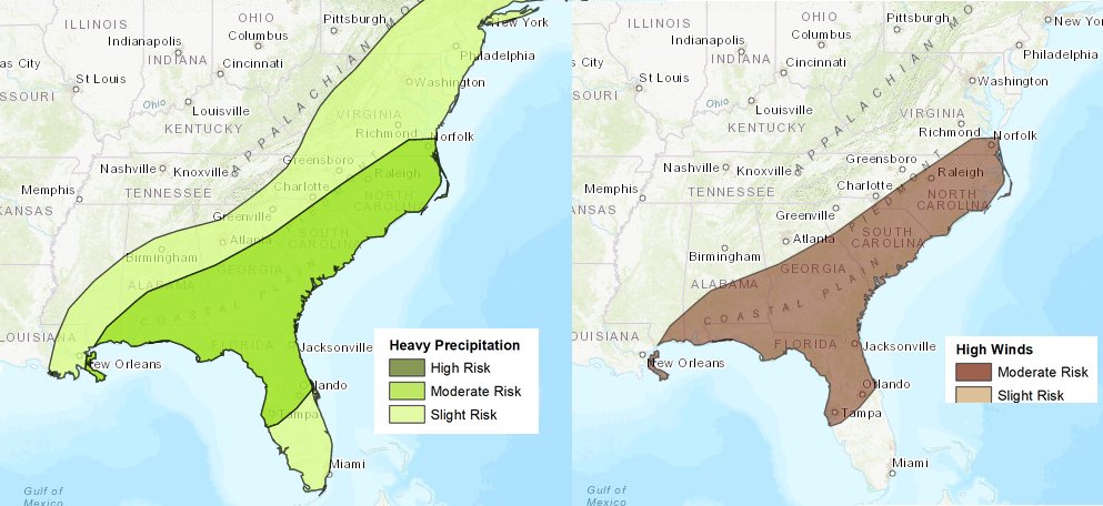 NWSWilmingtonNC's tweet photo. The Climate Prediction Center has placed our area in a "moderate risk" for both high winds and excessive rainfall in the 6-10 day outlook, associated with possible impacts from current Tropical Depression Nine. Continue to follow the latest forecasts at https://t.co/lgMVAclTkY https://t.co/WHTDGCDKsY